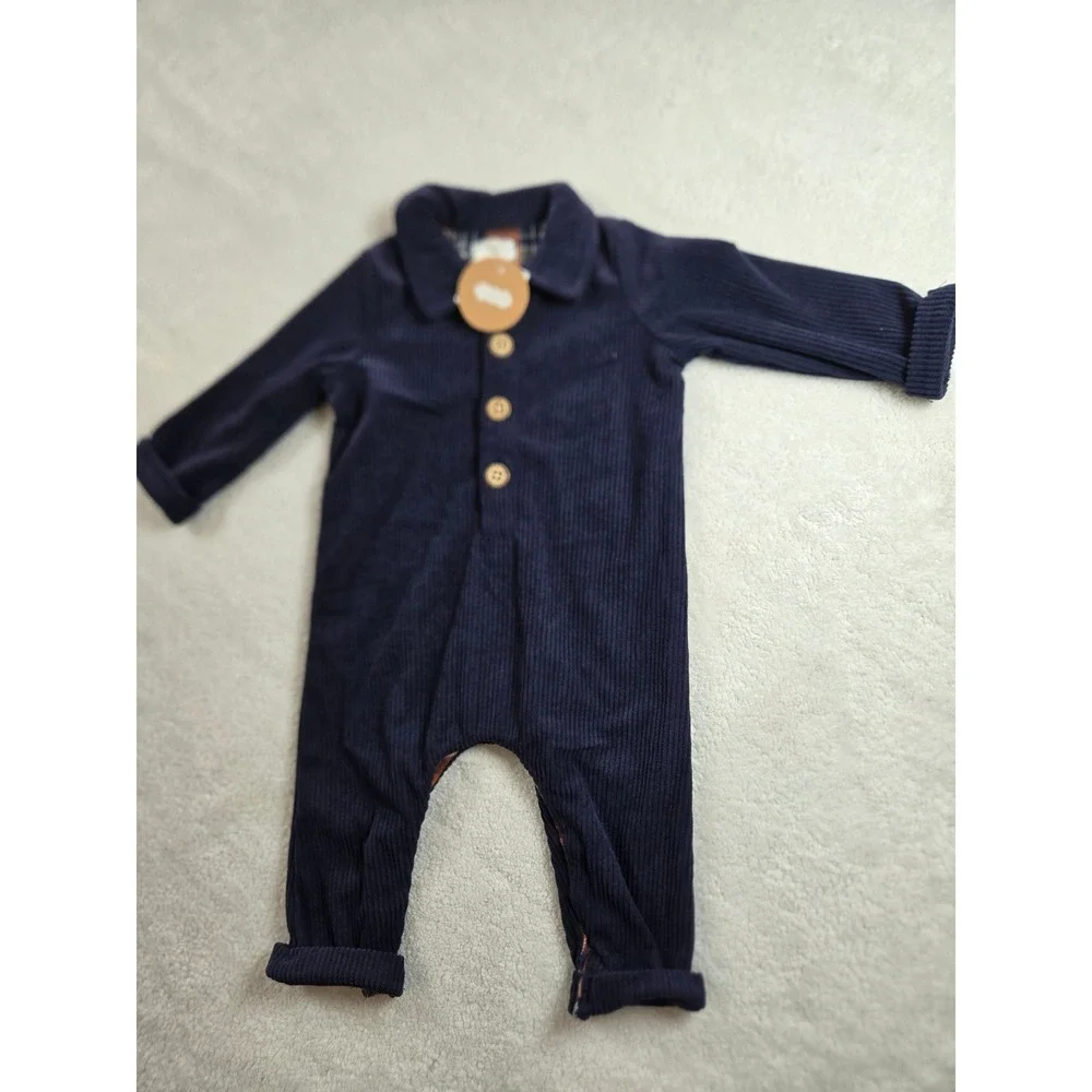 Mud Pie Baby Boy Navy Blue Corduroy Plaid Lined Long Sleeve Romper 3-6M NWT